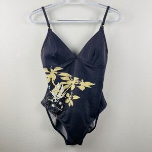 JETS Australia One Piece Molded Cup Swimsuit Gray Tropical Floral Deep V Neck 10